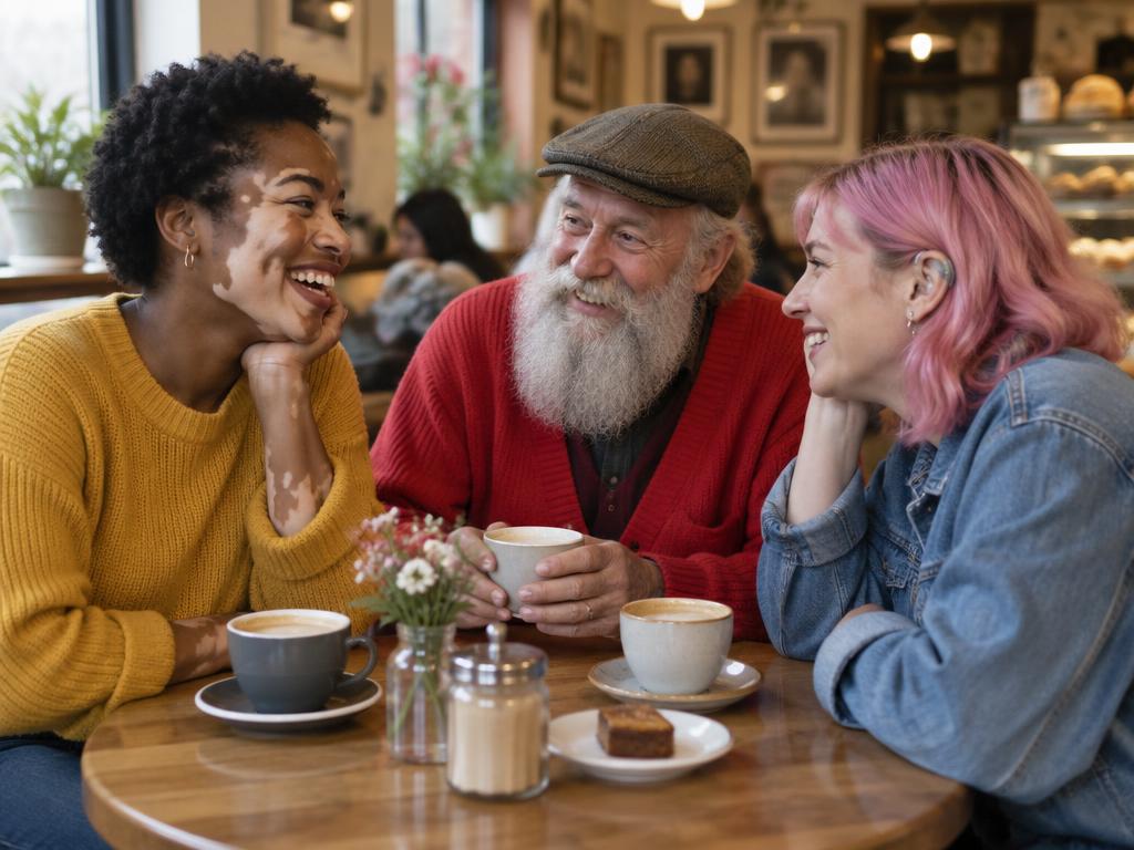 Drie mensen lachen samen rond een kop koffie